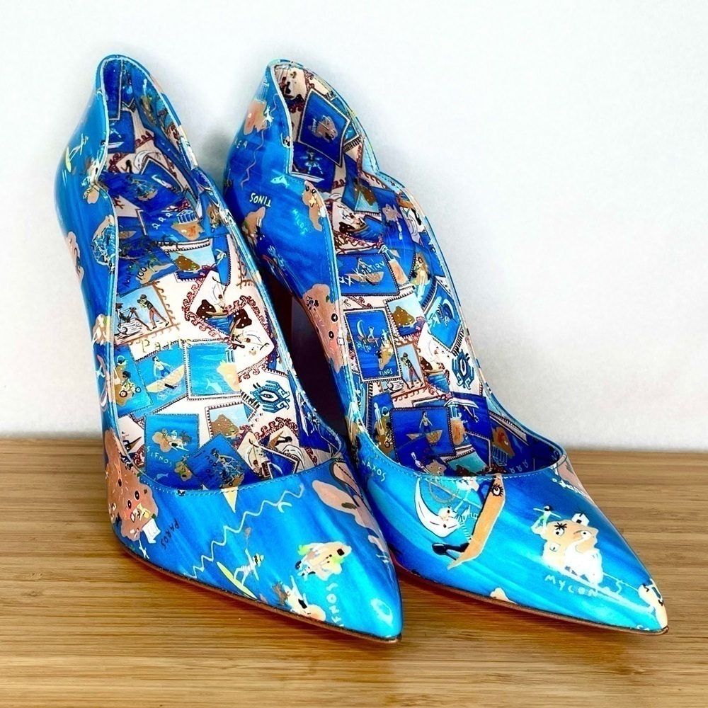 Christian Louboutin “Hot chick” swim pool, Blue Multi graphic. 100mm EU38.5 - Picture 9 of 13